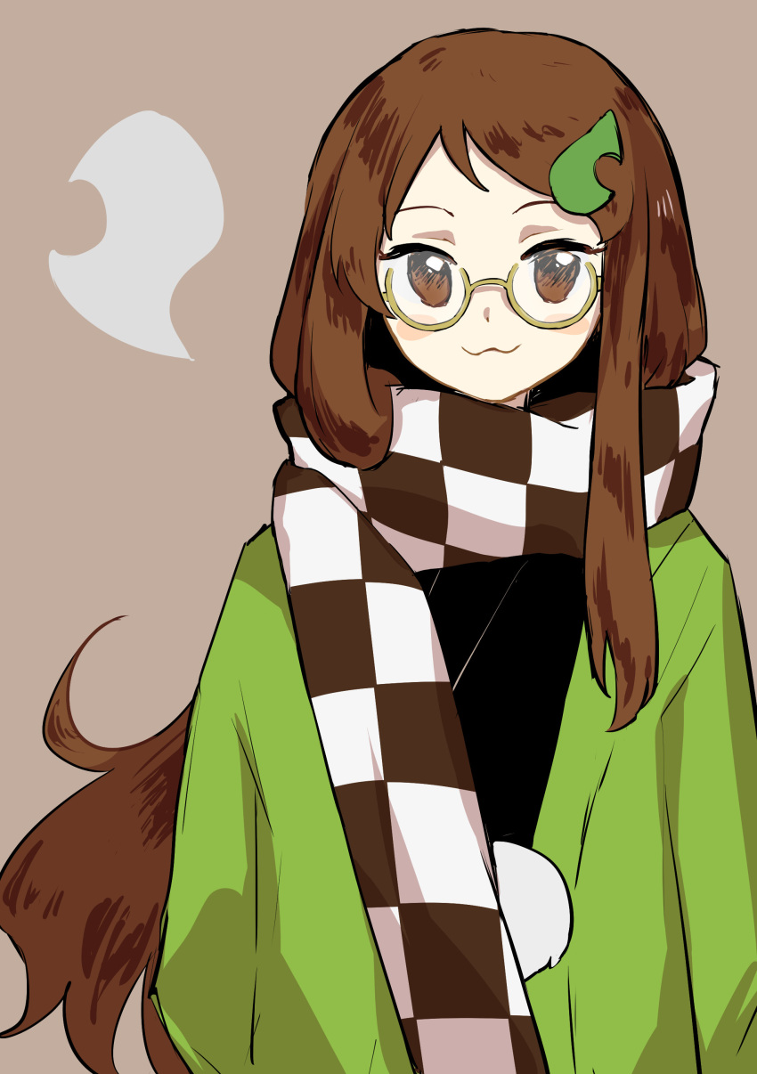 144udy 1girl :3 absurdres bangs brown_background brown_eyes brown_hair checkered_clothes checkered_scarf closed_mouth futatsuiwa_mamizou futatsuiwa_mamizou_(human) glasses green_kimono highres japanese_clothes kimono leaf leaf_on_head long_hair long_sleeves looking_at_viewer raccoon_girl scarf simple_background solo touhou upper_body