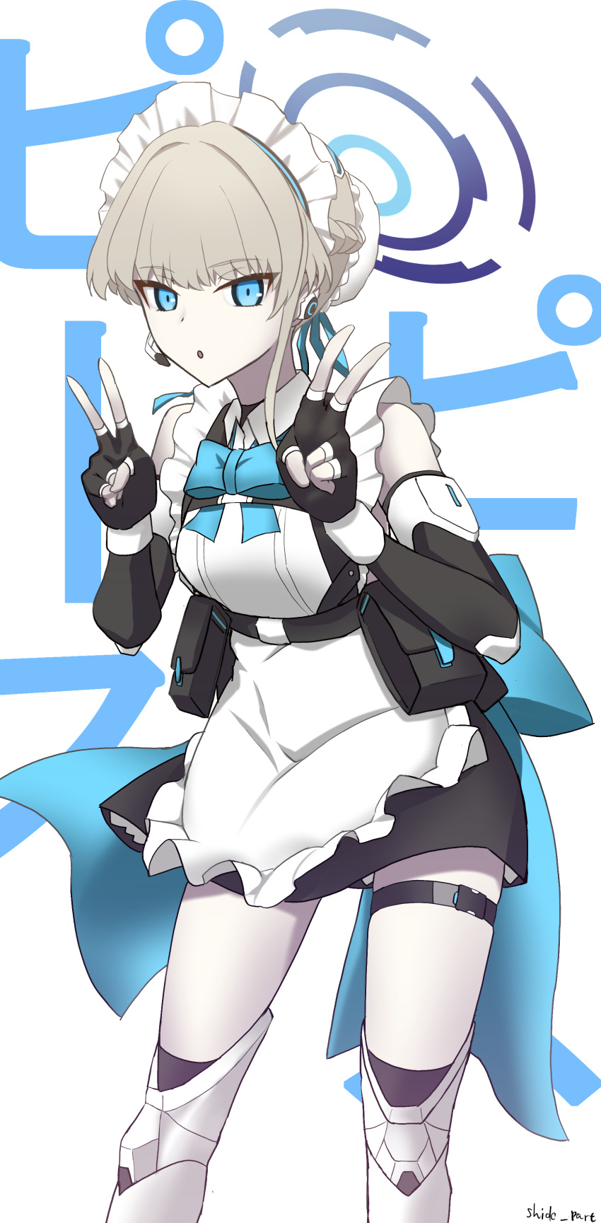 1girl absurdres apron bare_shoulders black_dress black_gloves blonde_hair blue_archive blue_eyes blue_ribbon boots bow bowtie braid breasts bun_cover chest_harness double_v dress earpiece elbow_gloves fingerless_gloves french_braid gloves hair_bun hair_ribbon halo harness highres looking_at_viewer maid_headdress open_mouth pouch ribbon shidou_(x_2903) short_dress short_hair single_hair_bun sleeveless sleeveless_dress small_breasts solo thigh_boots thighs toki_(blue_archive) translation_request v white_apron white_footwear