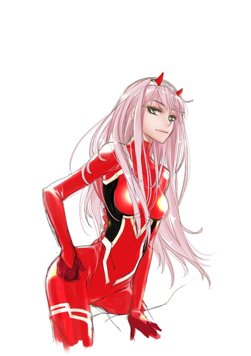 1girl bodysuit breasts closed_mouth commentary cowboy_shot darling_in_the_franxx english_commentary green_eyes highres horns long_hair looking_at_viewer pink_hair ratana_satis red_bodysuit solo white_background zero_two_(darling_in_the_franxx)