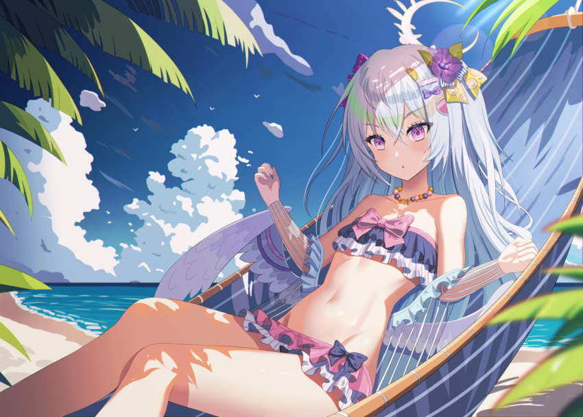 1girl angel_wings aya-cis azusa_(blue_archive) azusa_(swimsuit)_(blue_archive) bare_shoulders beach bead_necklace beads bikini blue_archive blue_sky blurry bow cloud cloudy_sky collarbone commentary_request depth_of_field feathered_wings flower frilled_bikini frills hair_between_eyes hair_bow hair_flower hair_ornament hair_ribbon hairclip halo hammock horizon jewelry knees_together_feet_apart long_hair looking_at_viewer navel necklace ocean official_alternate_costume official_alternate_hairstyle outdoors parted_lips pendant purple_eyes ribbon see-through_shawl shawl sidelocks sitting sky sleeveless solo stomach swimsuit two_side_up white_hair white_wings wings