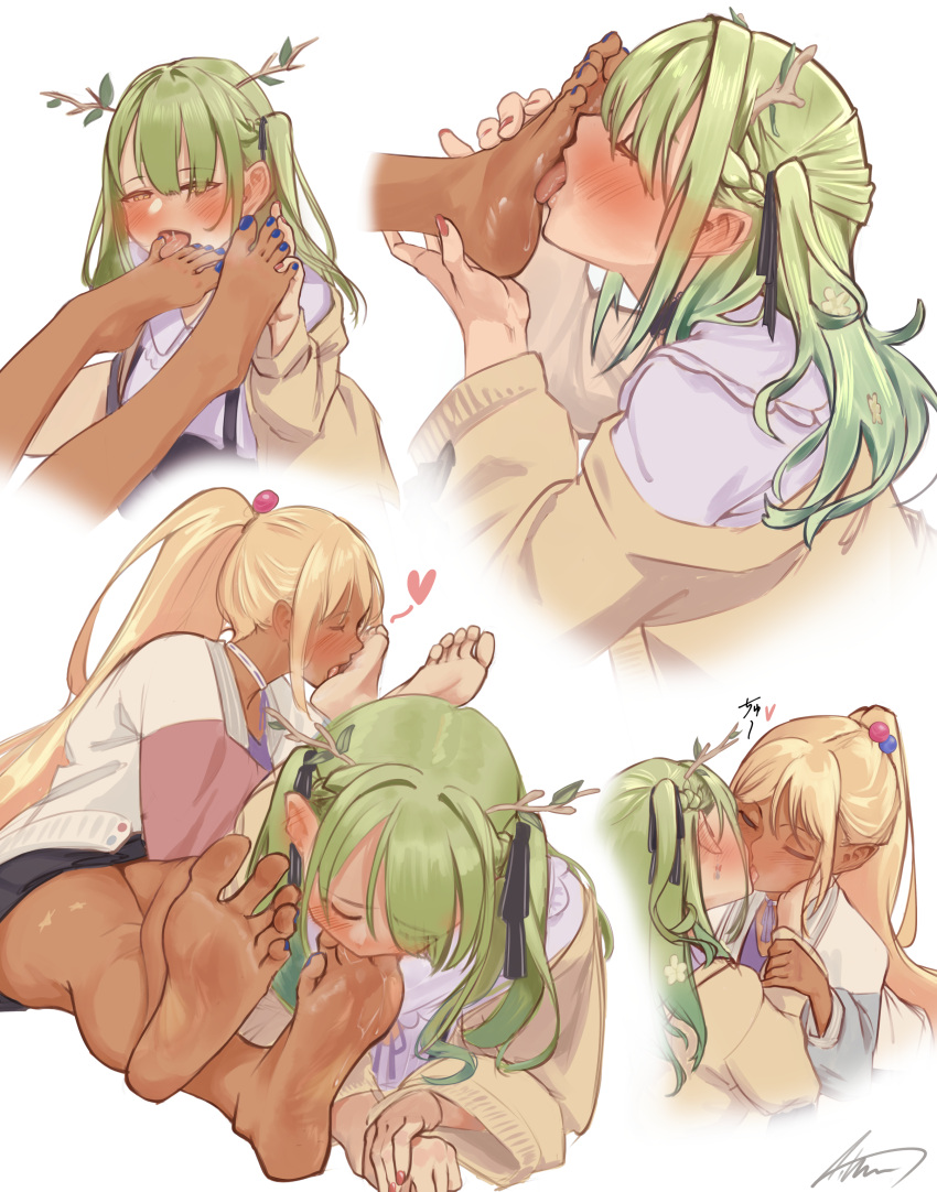 2girls absurdres aiharararara barefoot blonde_hair blue_nails blush ceres_fauna ceres_fauna_(3rd_costume) commentary dark-skinned_female dark_skin english_commentary feet foot_worship green_hair heart highres holding_another's_foot hololive hololive_english kiss licking licking_foot long_hair multiple_girls mutual_foot_licking nail_polish ponytail soles toe_sucking toes tsukumo_sana virtual_youtuber yuri