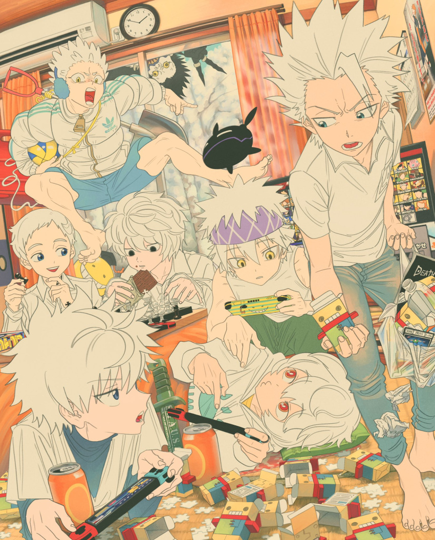 annoyed bag black_eyes blue_eyes blue_shirt blue_shorts character_request chess_piece child chocolate clock collared_shirt copyright_request crossover curtains death_note forehead frown headband highres holding holding_bag hunter_x_hunter indoors jacket jumping killua_zoldyck king_(chess) knight_(chess) kuga_yuuma long_sleeves looking_at_another lying midair nintendo_switch norman_(yakusoku_no_neverland) notebook on_side open_mouth pants pawn_(chess) picking_up plastic_bag puzzle_piece red_eyes rook_(chess) ryuk shirt short_hair short_sleeves shorts shovel sitting sleeveless smile spiked_hair super_smash_bros. teeth trash upper_teeth_only urachan1629 walking white_hair white_shirt world_trigger yellow_eyes