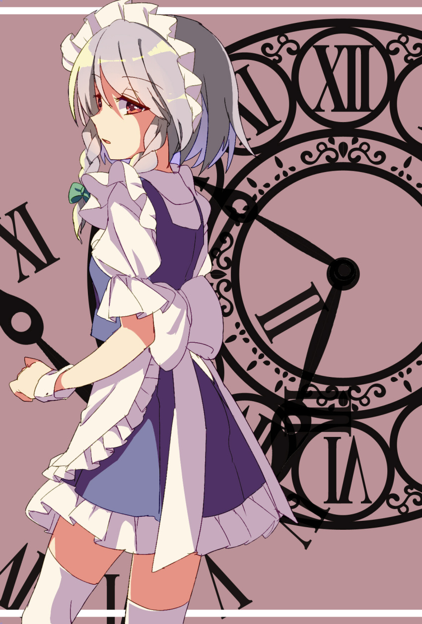 1girl analog_clock apron back_bow blue_skirt blue_vest bow brown_eyes busujima_(kusahana) clock frilled_apron frilled_skirt frills from_behind grey_hair hair_between_eyes highres izayoi_sakuya large_bow maid maid_headdress medium_hair one-hour_drawing_challenge open_mouth puffy_short_sleeves puffy_sleeves roman_numeral shirt short_sleeves simple_background skirt skirt_set solo thighhighs touhou vest waist_apron white_apron white_bow white_shirt white_thighhighs zettai_ryouiki