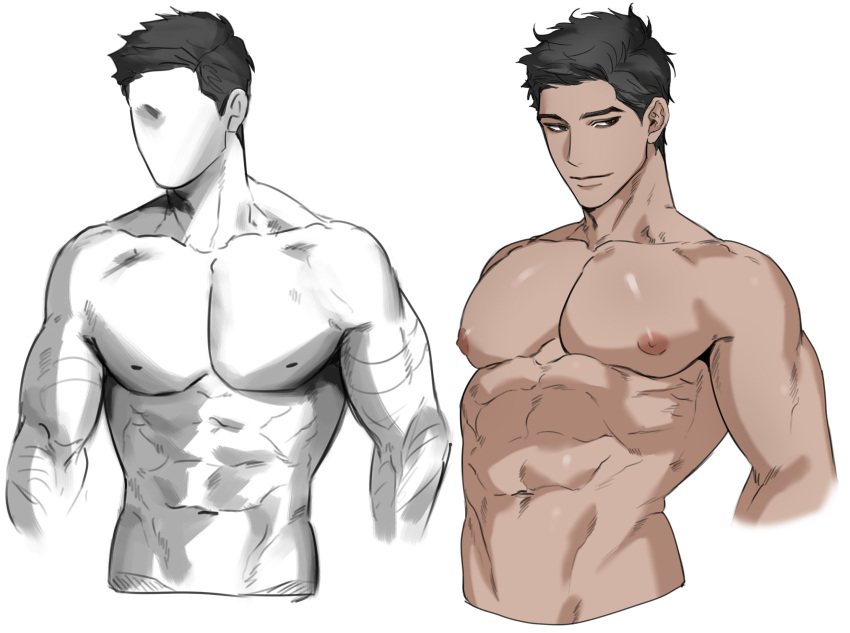 1boy abs alexlove6041 bara before_and_after coloring_practice cropped_torso faceless faceless_male greyscale highres how_to large_pectorals looking_to_the_side male_focus monochrome muscular muscular_male navel nipples nude original pectorals shiny_skin short_hair sideburns stomach thick_eyebrows