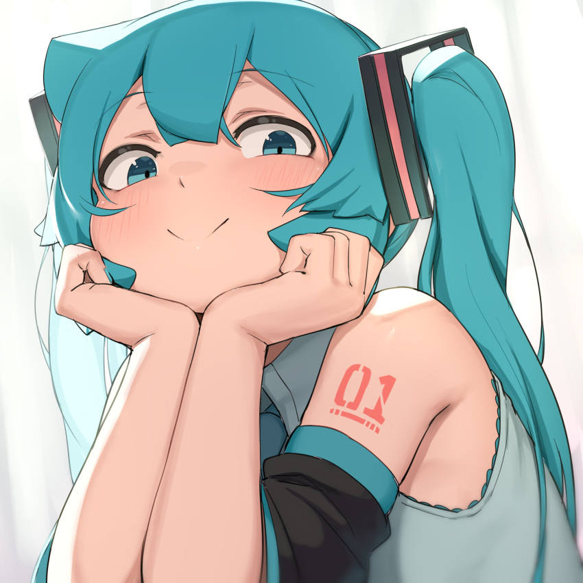 1girl :&gt; abmayo bare_shoulders blush detached_sleeves green_eyes grey_shirt hair_between_eyes hair_ornament hands_on_own_chin hatsune_miku head_rest highres long_hair looking_at_viewer necktie number_tattoo shiny_skin shirt shoulder_tattoo simple_background smile solo tattoo twintails upper_body vocaloid white_background