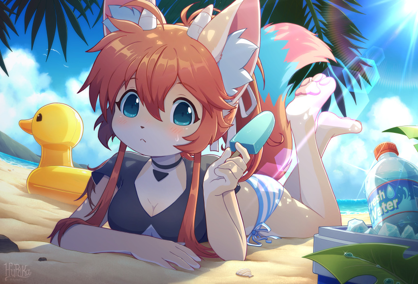 1girl absurdres animal_ears araunia beach blue_eyes breasts brown_hair choker cleavage closed_mouth commission day food highres holding holding_food holding_popsicle horns innertube long_hair looking_at_viewer original outdoors popsicle small_breasts solo sweat