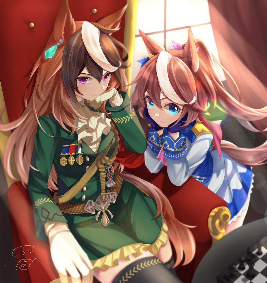 2girls aiguillette animal_ears ascot blue_eyes blue_gloves board_game brown_hair buttons cape chess commentary_request double-breasted ear_ornament earrings epaulettes gloves green_jacket green_skirt hair_between_eyes head_rest highres horse_ears horse_girl horse_tail jacket jewelry light_particles long_hair long_sleeves medal multicolored_hair multiple_girls on_chair petticoat pink_ascot ponytail ponzu_(rrrritisu) purple_eyes red_cape signature single_earring single_epaulette sitting skirt smile streaked_hair symboli_rudolf_(umamusume) tail tokai_teio_(umamusume) umamusume white_ascot white_gloves white_hair white_jacket window