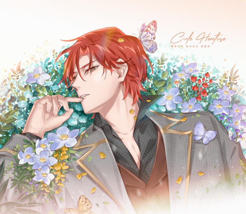 1boy brown_eyes brown_vest bug butterfly butterfly_on_head cale_henituse character_name chiutina flower formal grey_suit hair_between_eyes hand_up lout_of_count's_family male_focus petals red_hair short_hair solo suit upper_body vest