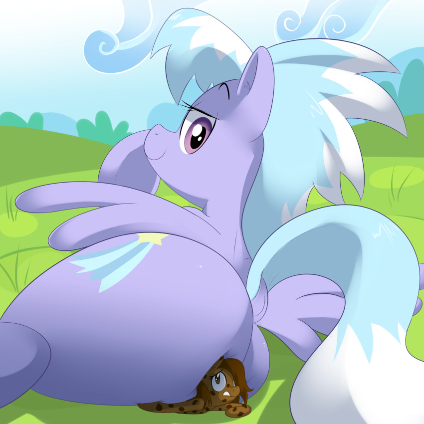 2014 big_butt brown_body brown_mane butt butt_crush cookie_crumbles_(mlp) cutie_mark digital_drawing_(artwork) digital_media_(artwork) duo equid equine feral friendship_is_magic grass hasbro hi_res horse lying macro mammal mane mouth_closed my_little_pony narrowed_eyes on_front outside pegasus plant pony purple_body size_difference trench-meat wings