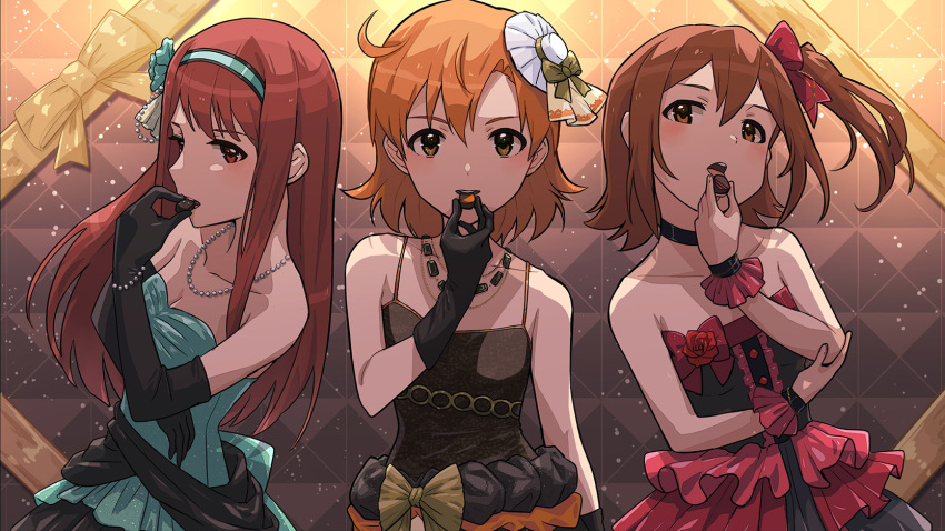 3girls black_choker black_gloves bow breasts brown_eyes brown_hair chocolate choker cleavage collarbone dress eating elbow_gloves gloves hair_bow hairband highres idol_clothes idolmaster idolmaster_million_live! jewelry kasuga_mirai long_hair looking_at_viewer medium_breasts multiple_girls necklace one_side_up open_mouth red_eyes short_hair strapless strapless_dress tanaka_kotoha upper_body wanoji wrist_cuffs yabuki_kana