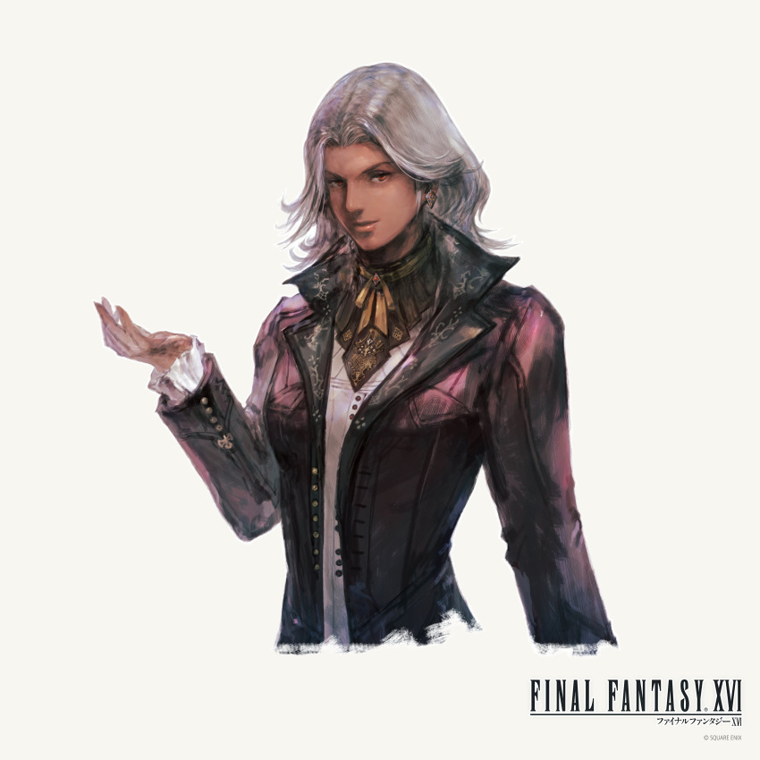 1girl absurdres copyright_name cropped_arms dark-skinned_female dark_skin final_fantasy final_fantasy_xvi frilled_sleeves frills highres jacket looking_at_viewer official_art purple_jacket simple_background smile solo square_enix takahashi_kazuya upper_body vivian_ninetails