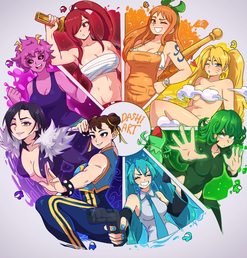 6+girls among_us arm_tattoo artist_name ashido_mina bikini black_hair black_sclera blonde_hair blowing_kiss blue_eyes blue_hair bodysuit boku_no_hero_academia breasts brown_eyes brown_hair chest_sarashi chun-li closed_eyes color_wheel_challenge colored_sclera commentary completely_nude convenient_censoring crewmate_(among_us) dashi detached_sleeves double_bun erza_scarlet fairy_tail green_eyes green_hair gun hair_bun hair_over_one_eye handgun hatsune_miku heart highres holding holding_gun holding_sword holding_weapon horns kermit_the_frog large_breasts long_hair looking_at_viewer medium_breasts merlin_(nanatsu_no_taizai) multiple_girls muppets nami_(one_piece) nanatsu_no_taizai naruko_(naruto) naruto naruto_(series) navel necktie nude one-punch_man one_eye_closed one_piece orange_eyes orange_hair red_eyes red_hair sarashi short_hair smile street_fighter swimsuit sword symbol-only_commentary tatsumaki tattoo teeth tongue twintails vocaloid watermark weapon yellow_eyes