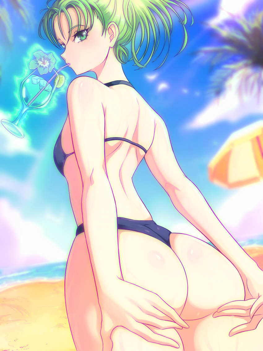 1girl absurdres alternate_hairstyle ass bare_shoulders beach beach_umbrella bikini blue_bikini blue_sky blurry blurry_background breasts cloud commentary cup day drinking drinking_straw flower food from_behind fruit green_eyes green_hair hibiscus highres horizon ice ice_cube lime_(fruit) lime_slice looking_at_viewer looking_back ocean one-punch_man opalis outdoors palm_tree shoulder_blades sky small_breasts solo swimsuit tatsumaki telekinesis thighs tree umbrella water wedgie