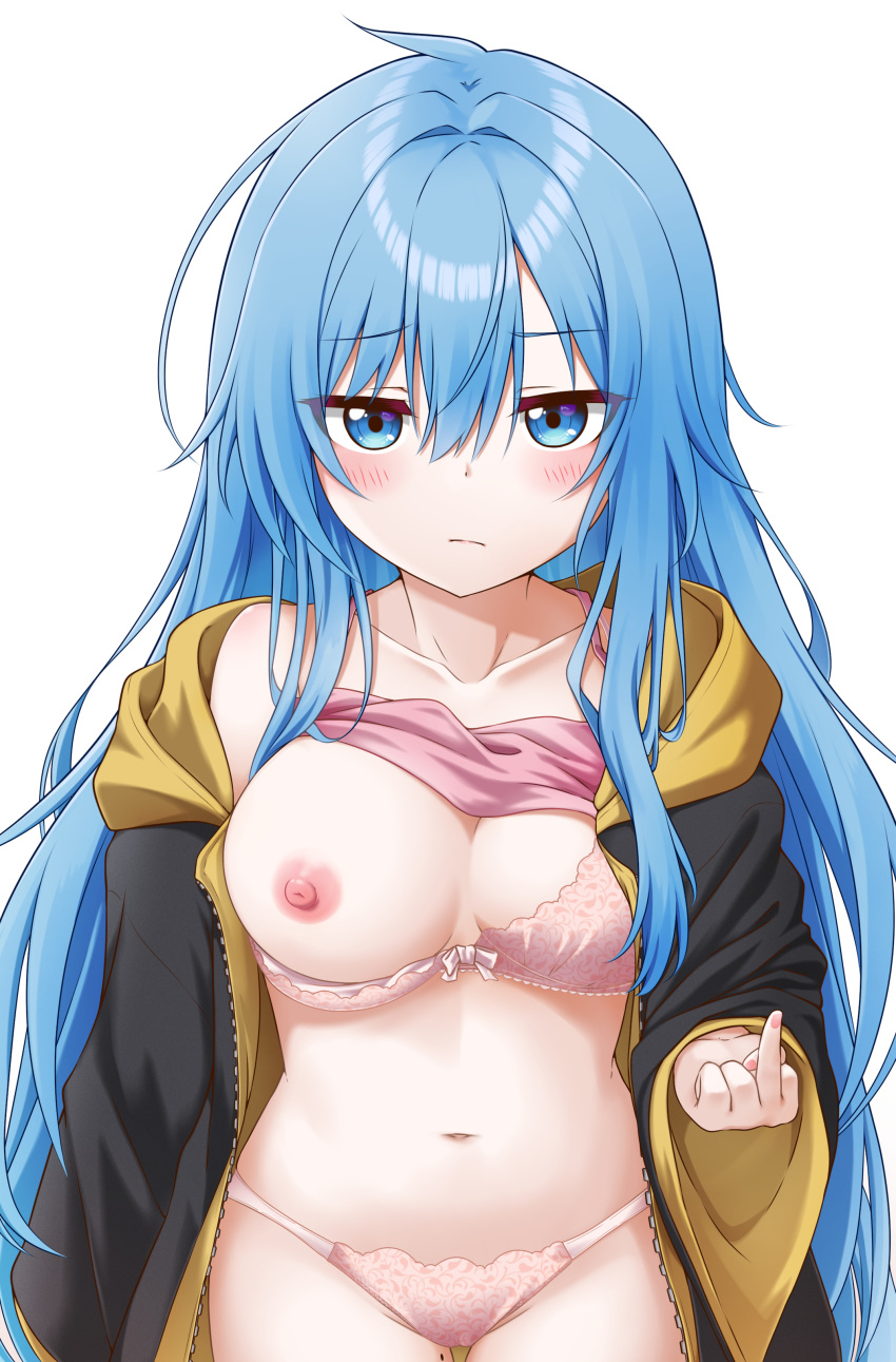 1girl absurdres blue_eyes blue_hair blush bra breasts cleavage closed_mouth collarbone elie_wayne hair_between_eyes highres jacket jan_azure large_breasts long_hair long_sleeves looking_at_viewer middle_finger navel nipples one_breast_out original panties petite pink_bra pink_panties pink_tank_top tank_top underwear white_background