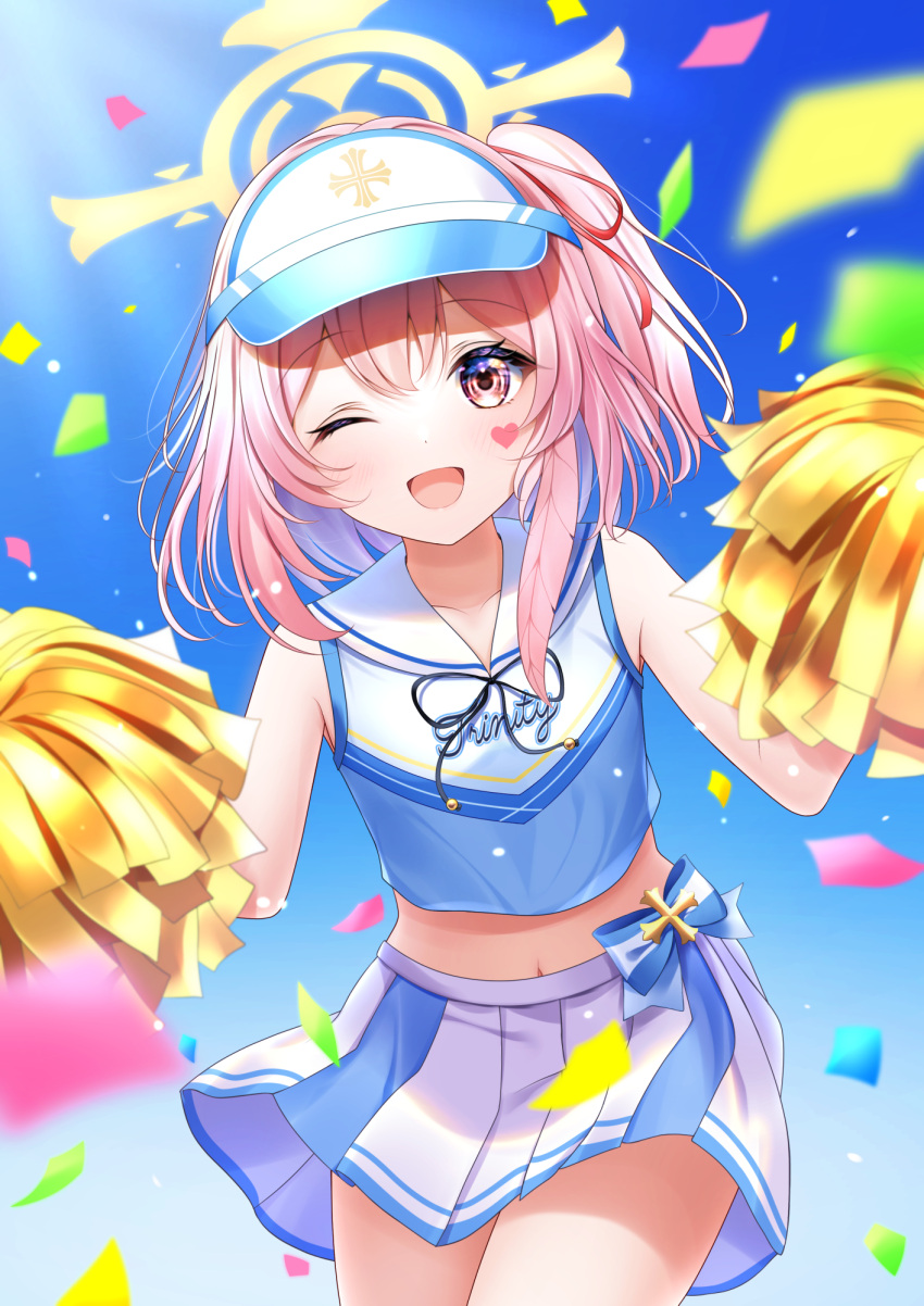 1girl alternate_costume blue_archive blue_shirt blue_skirt blue_sky blush cheerleader collarbone commentary_request confetti cowboy_shot crop_top halo hands_up hat highres lens_flare looking_at_viewer medium_hair midriff miniskirt navel one_eye_closed one_side_up open_mouth pink_eyes pink_hair pleated_skirt pom_pom_(cheerleading) ribbon serina_(blue_archive) shirt skirt sky sleeveless sleeveless_shirt smile solo standing visor_cap wabi_chazuke white_skirt