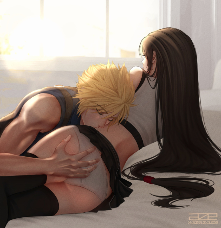 1boy 1girl absurdres azezazel bare_arms bare_shoulders bed_sheet black_hair black_skirt black_sports_bra black_thighhighs blonde_hair closed_eyes cloud_strife commentary couple crop_top earrings final_fantasy final_fantasy_vii final_fantasy_vii_remake hand_on_another's_ass hetero highres indoors jewelry kiss long_hair low-tied_long_hair lying on_side panties signature single_earring skirt sleeveless sleeveless_turtleneck spiked_hair sports_bra sunlight suspenders sweater symbol-only_commentary tank_top teardrop_earring thighhighs tifa_lockhart turtleneck turtleneck_sweater underwear white_panties white_tank_top window