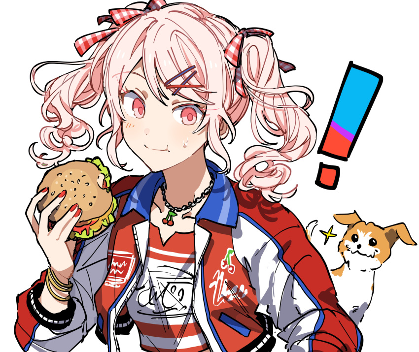 ! 1other absurdres akiyama_mizuki blush bracelet burger cherry_necklace cherry_print closed_mouth dog dotabata_cafe_rec!!_(project_sekai) eating food food_print hair_ornament hair_ribbon hairclip highres hoshi-toge jacket jewelry pink_eyes pink_hair plaid plaid_ribbon project_sekai red_jacket red_nails red_ribbon red_shirt ribbon shirt sidelocks simple_background smile sweat twintails white_background