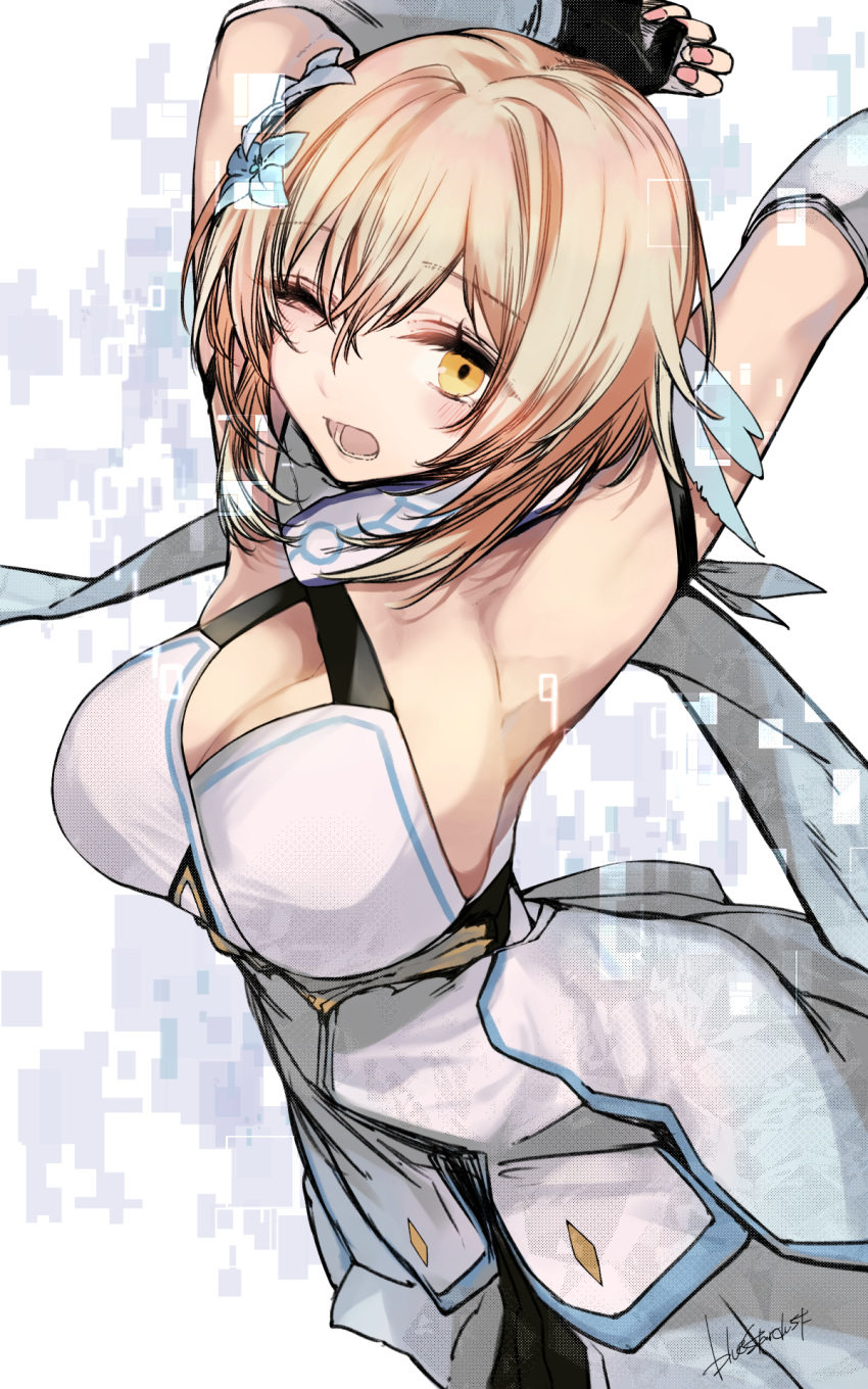 1girl armpits arms_up blonde_hair breasts cleavage commentary_request dress feather_hair_ornament feathers flower genshin_impact hair_flower hair_ornament highres kojima_(blue_stardust) large_breasts looking_at_viewer lumine_(genshin_impact) one_eye_closed open_mouth short_hair sleeveless sleeveless_dress solo white_dress yellow_eyes