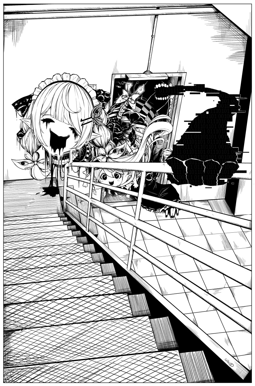 1girl absurdres blood commentary eldritch_abomination english_commentary extra_arms extra_eyes extra_mouth glitch greyscale highres horror_(theme) looking_at_viewer monochrome monster monsterification nebradisk nijisanji nijisanji_en open_mouth pomu_rainpuff railing smile solo stairs teeth virtual_youtuber
