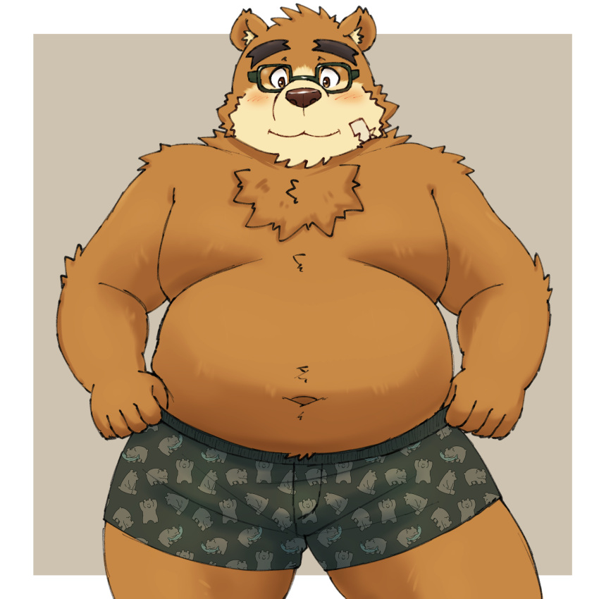 2023 anthro bear belly big_belly blush brown_body eyewear glasses hi_res humanoid_hands kemono lifewonders male mammal moobs navel overweight overweight_male solo tokyo_afterschool_summoners volos yaki_atsuage