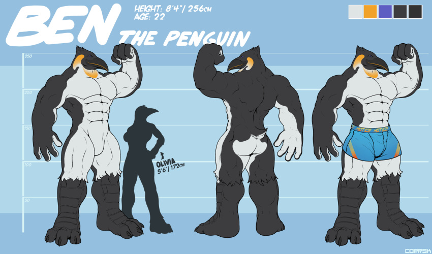 abs anthro avian beak biceps bird butt claws clothed clothing corrsk digital_media_(artwork) english_text feathers feet hi_res looking_at_viewer male model_sheet muscular muscular_anthro muscular_male nude paws pecs penguin simple_background solo standing tail text toes