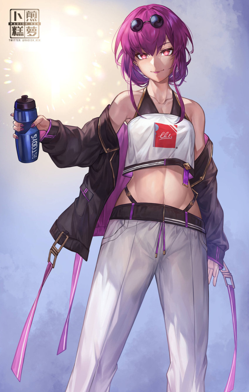 1girl absurdres bare_shoulders bra_strap commentary_request crop_top crop_top_overhang feet_out_of_frame highres holding honkai:_star_rail honkai_(series) kafka_(honkai:_star_rail) long_hair long_sleeves looking_at_viewer midriff navel off_shoulder pants purple_eyes purple_hair purple_lips radishkek shirt smile solo standing stomach strapless strapless_shirt white_pants white_shirt