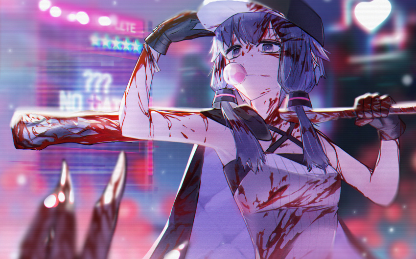 1girl 1other a.i._voice arm_up armpits baseball_bat baseball_cap black_gloves black_headwear black_jacket blood blood_in_hair blood_on_clothes blood_on_face blood_on_hands blood_on_weapon blood_splatter blurry blurry_background bracelet bright_pupils bubble_blowing chewing_gum commentary_request criss-cross_halter dent depth_of_field english_text expressionless gloves halter_shirt halterneck hand_on_headwear hand_up hat highres holding holding_baseball_bat jacket jacket_on_shoulders jewelry looking_at_another mixed-language_commentary mojibake_commentary multicolored_clothes multicolored_jacket otukimi out_of_frame over_shoulder purple_eyes purple_hair purple_jacket quilted_clothes ribbed_shirt scanlines shirt short_hair_with_long_locks two-tone_jacket upper_body voiceroid weapon weapon_over_shoulder white_pupils white_shirt yuzuki_yukari yuzuki_yukari_(nagi)