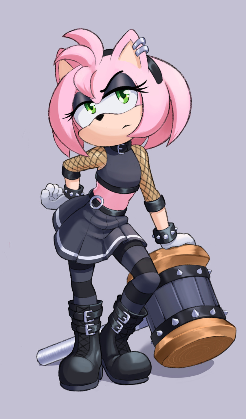 1girl alternate_costume amy_rose black_footwear black_headband black_shirt black_skirt black_thighhighs boots bracelet crop_top dstears_art earrings fishnet_armwear gothic green_eyes grey_background hammer hand_on_own_hip headband highres jewelry looking_at_viewer midriff pleated_skirt shirt simple_background skirt solo sonic_(series) spiked_bracelet spikes striped striped_thighhighs thighhighs weapon