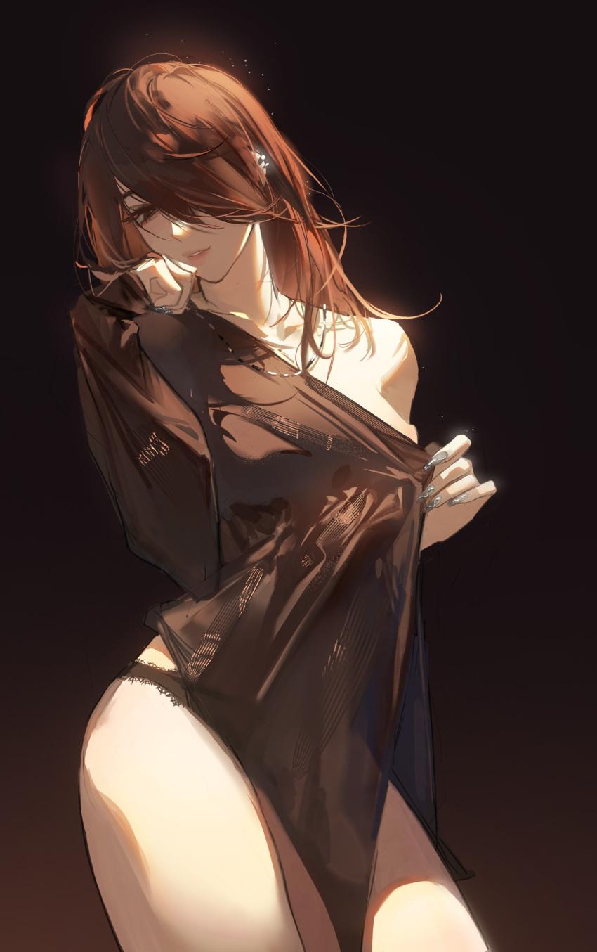 1girl absurdres asymmetrical_bangs black_background black_dress black_underwear breasts brown_eyes brown_hair clenched_hand dappled_sunlight dress ear_piercing hair_over_one_eye hand_on_own_cheek hand_on_own_face highres ichigo_amo jewelry light long_hair long_sleeves looking_at_viewer medium_breasts nail_polish necklace original parted_lips piercing pink_lips short_dress sidelocks silver_nails simple_background single_bare_shoulder smile solo standing sunlight thighs