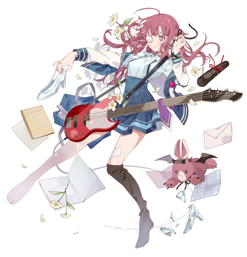 1girl absurdres bag bandage_on_face bandage_on_leg bandages bandaid bandaid_on_face bat_wings black_ribbon black_thighhighs blue_skirt cevio collared_shirt electric_guitar envelope eyepatch floating floating_hair floating_object flower glass_shards glass_slipper guitar hair_down hair_ribbon highres holding holding_clothes holding_footwear instrument jacket jacket_partially_removed letterman_jacket long_hair loose_socks medical_eyepatch messy_hair natsuki_karin notebook outstretched_arm pink_eyes pout red_hair ribbon school_bag shirt shoulder_strap single_thighhigh skirt socks solo stuffed_animal stuffed_toy suspender_skirt suspenders synthesizer_v tearing_up teddy_bear thighhighs toudou_charo untying v-shaped_eyebrows white_background white_flower white_shirt wings