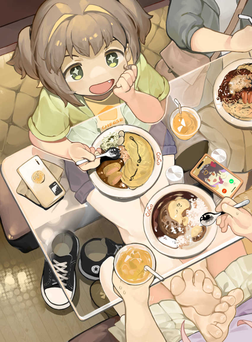 3girls absurdres bag bare_legs barefoot blue_shorts brown_bag brown_hair brown_skirt cellphone character_request cross-shaped_pupils cup drink drinking_straw fang feet food green_eyes green_jacket highres holding holding_spoon jacket medium_skirt menthako multiple_girls oka_asahi onii-chan_wa_oshimai! open_mouth oyama_mihari phone plate shirt shoes shoes_removed short_hair short_shorts short_sleeves shorts shoulder_bag skirt smartphone soles spoon symbol-shaped_pupils toes two_side_up yellow_shirt