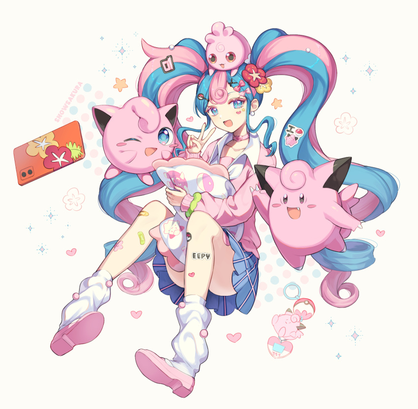 1girl bandaid bandaid_on_leg bull_sprite_(pokemon) cardigan cellphone choker clefairy clefairy_sprite_(pokemon) fairy_miku_(project_voltage) flower hair_flower hair_ornament hatsune_miku heart heart_choker highres igglybuff jigglypuff leg_warmers long_hair multicolored_hair one_eye_closed open_mouth phone pink_cardigan pink_footwear poke_ball pokemon pokemon_(creature) project_voltage scrunchie selfie skirt snowsakurachan twintails two-tone_hair v very_long_hair vocaloid wrist_scrunchie