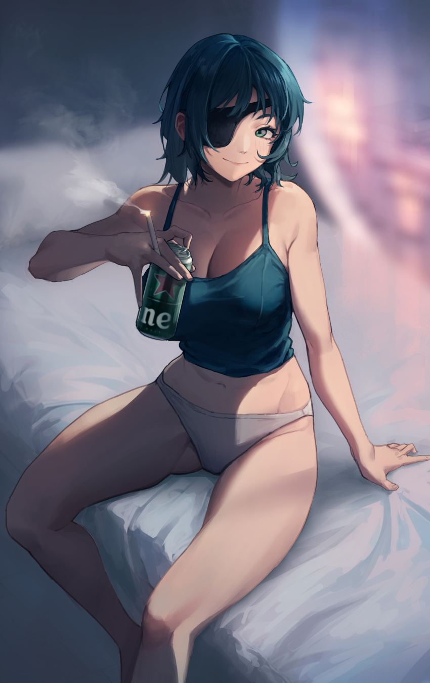 1girl absurdres arm_support bed_sheet black_camisole blush breasts camisole can chainsaw_man cigarette cleavage collarbone eyepatch green_hair grey_panties highres himeno_(chainsaw_man) holding holding_can holding_cigarette indoors large_breasts looking_at_viewer navel panties shancha_yu sitting smile smoking solo stomach underwear