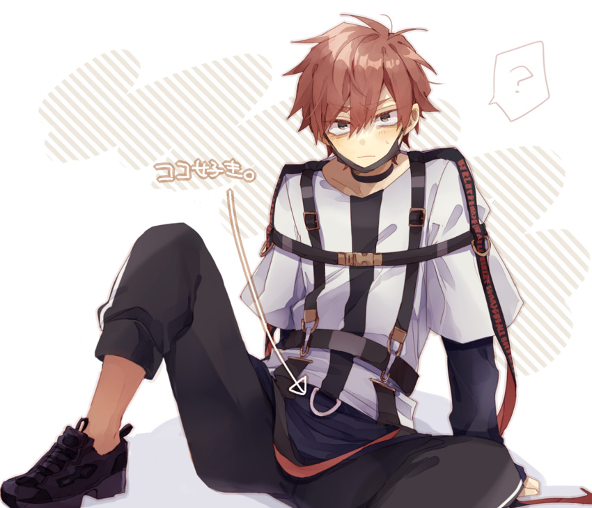 1boy ? black_choker black_footwear black_garter_straps black_pants blush brown_background choker garter_straps highres kajiyama_fuuta kao_ru05 looking_at_viewer male_focus mask milgram mouth_mask multicolored_background pants red_eyes red_hair shirt shoes solo spoken_question_mark translation_request white_shirt yellow_background