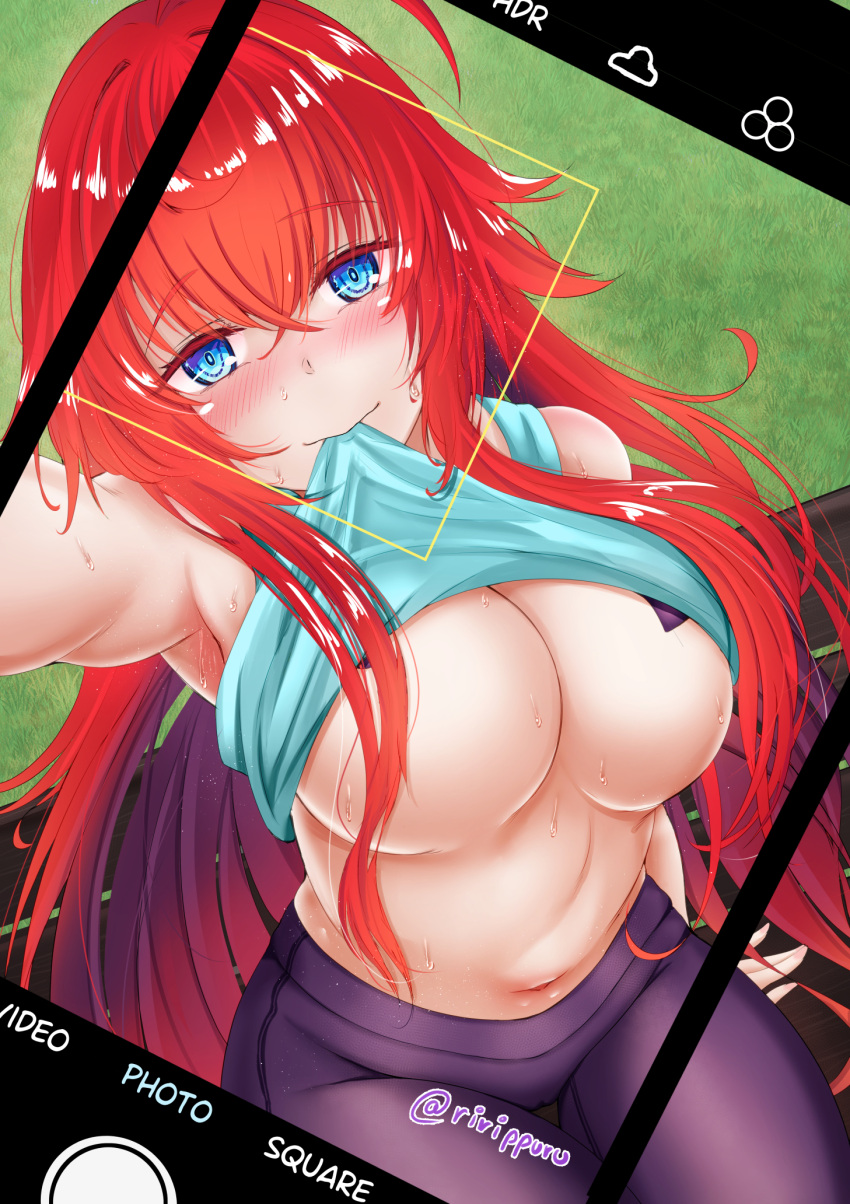 ahoge arm_up black_leggings blue_eyes blue_shirt blush breasts clothes_lift crossed_bangs english_commentary hair_between_eyes high_school_dxd highres large_breasts leggings long_hair looking_at_viewer mouth_hold navel outdoors pasties red_hair rias_gremory rum_rum_rumine selfie shirt shirt_lift sitting sleeveless sleeveless_shirt sweat twitter_username viewfinder