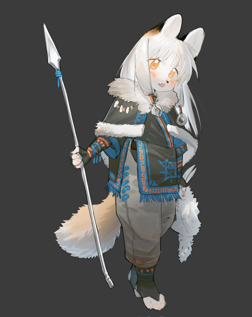 1boy androgynous animal animal_ears animal_feet baggy_pants black_cape blush body_fur cape capelet carcass commentary digitigrade fang fox_boy fox_ears fox_tail full_body fur-trimmed_capelet fur_collar fur_trim furry furry_male grey_background head_tilt highres holding holding_polearm holding_weapon long_hair long_sleeves looking_at_viewer male_focus open_mouth orange_eyes orange_fur original pants polearm rainggrade sidelocks simple_background skin_fang solo spear standing symbol-only_commentary tail toeless_footwear traditional_clothes weapon white_fur white_hair