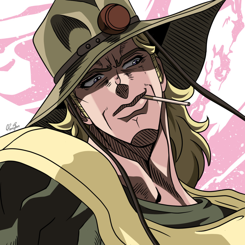 1boy blonde_hair cigarette commentary_request cowboy_hat hat hatching_(texture) head_tilt highres hol_horse jojo_no_kimyou_na_bouken long_hair male_focus official_style portrait purple_eyes remyfive sideburns signature solo stardust_crusaders