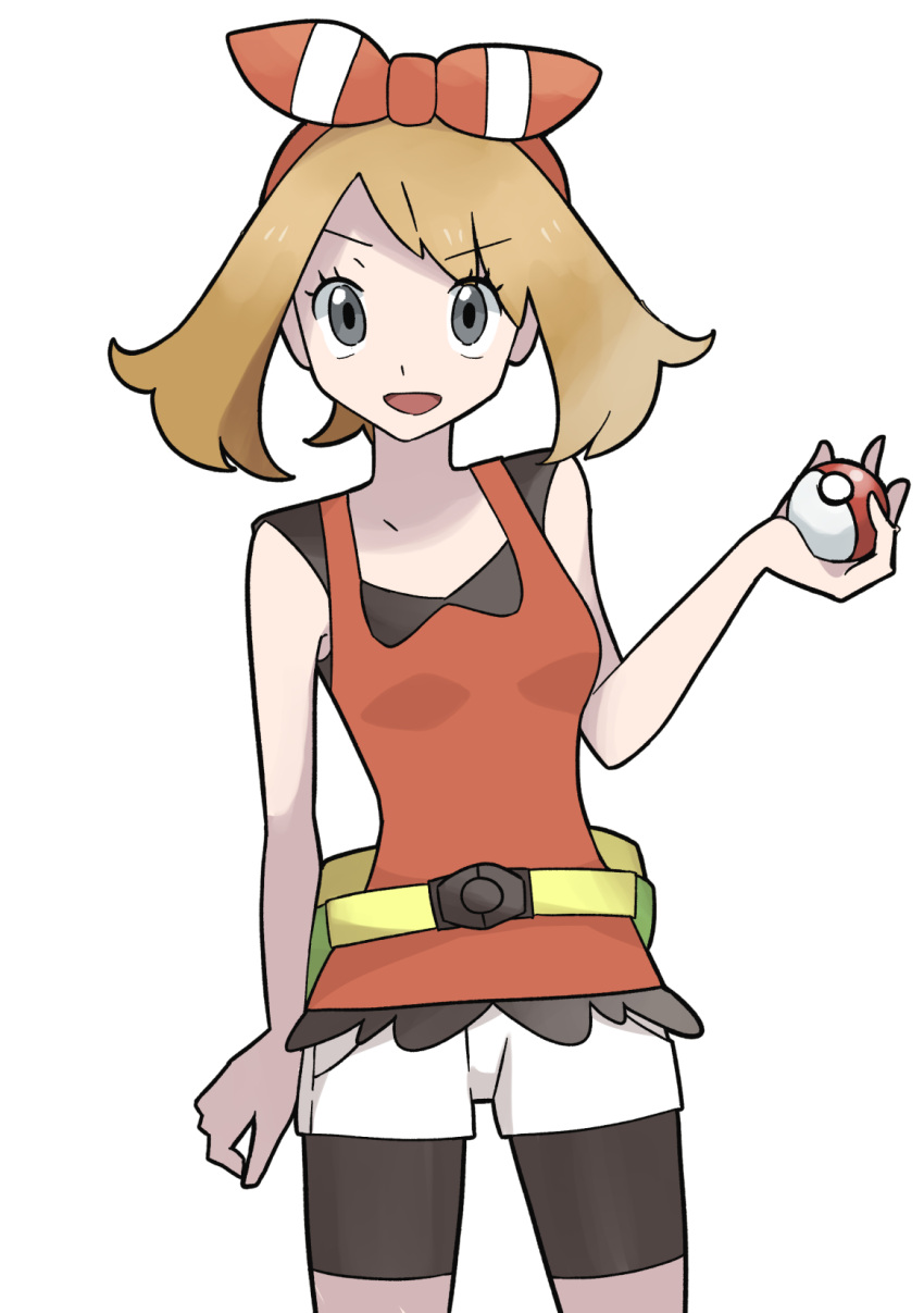 1girl :d arm_at_side bike_shorts bike_shorts_under_shorts black_shorts blonde_hair breasts fanny_pack grey_eyes hairband hand_up highres holding holding_poke_ball magu_oka may_(pokemon) medium_breasts medium_hair poke_ball poke_ball_(basic) pokemon pokemon_(game) pokemon_oras red_hairband red_ribbon red_tank_top ribbon shorts simple_background smile solo tank_top v-shaped_eyebrows white_background white_shorts