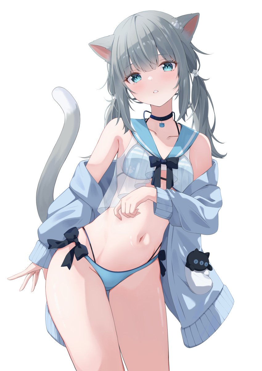 1girl absurdres animal_ears aqua_eyes bare_shoulders bikini black_bow black_bowtie black_choker blue_bikini blue_jacket blue_sailor_collar blunt_bangs blush bow bow_bikini bowtie cat_ears cat_girl cat_tail choker collarbone commentary cowboy_shot grey_hair hair_between_eyes hair_ornament halterneck head_tilt highres indie_virtual_youtuber jacket leaning_to_the_side long_sleeves looking_at_viewer medium_hair nachoneko navel off_shoulder open_mouth puffy_long_sleeves puffy_sleeves sailor_bikini sailor_collar see-through shinshia_(sinsia_0928) simple_background solo stomach swimsuit tail thigh_gap thighs twintails virtual_youtuber white_background