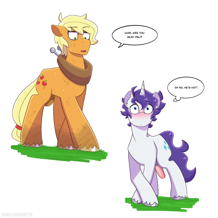 1:1 applejack_(mlp) blonde_hair blush crossgender cutie_mark dialogue dirty earth_pony english_text equid equine erection feral freckles friendship_is_magic ftm_crossgender genitals grass hair hasbro hi_res hooves horn horse male mammal my_little_pony penis plant pony purple_hair quadruped rarity_(mlp) shallowwin text thought_bubble unicorn yoke