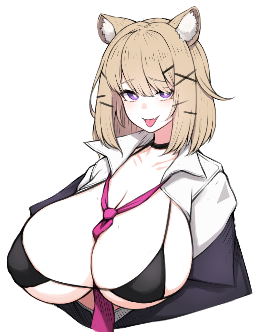 1girl :p absurdres animal_ear_fluff animal_ears arknights black_choker black_jacket blonde_hair blush breasts bright_pupils choker cleavage hair_ornament hairclip highres huge_breasts jacket looking_at_viewer necktie open_clothes open_jacket open_shirt pink_necktie purple_eyes rikuguma shirt short_hair simple_background smile solo tongue tongue_out upper_body utage_(arknights) white_background white_shirt