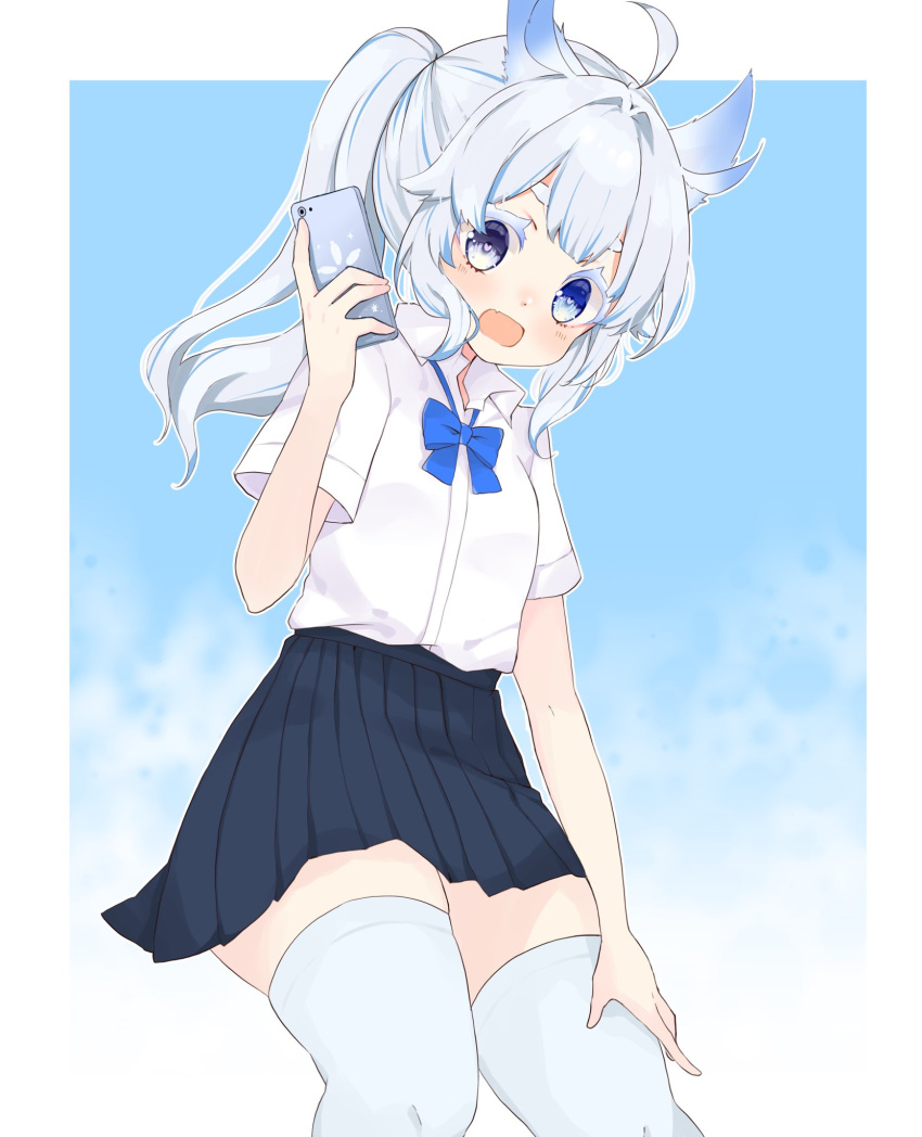 1girl ahoge bow bowtie cellphone commentary_request commission heterochromia highres hotta_chinoko indie_virtual_youtuber mikazuki_silvi open_mouth owl_ears owl_girl phone pleated_skirt ponytail school_uniform skeb_commission skirt smartphone thighhighs white_hair zettai_ryouiki