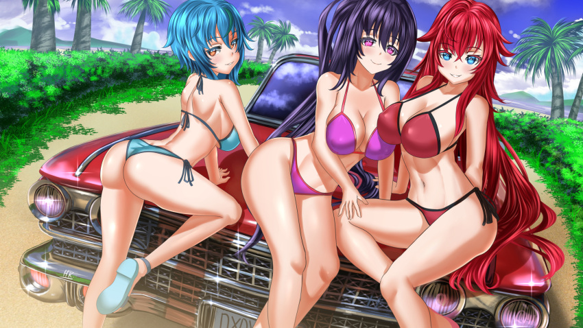 3girls ass back bikini black_hair blue_bikini blue_eyes blue_hair blue_sky breasts car cleavage closed_mouth cloud cloudy_sky commentary commission day dutch_angle english_commentary halterneck high_school_dxd highres himejima_akeno horizon kein_hasegawa knee_up large_breasts leaning_forward leaning_to_the_side long_hair looking_at_viewer looking_back mixed-language_commentary motor_vehicle multiple_girls on_vehicle outdoors palm_tree parted_lips purple_bikini purple_eyes red_bikini red_hair rias_gremory short_hair side-tie_bikini_bottom sitting sky smile standing string_bikini swimsuit tree xenovia_quarta yellow_eyes