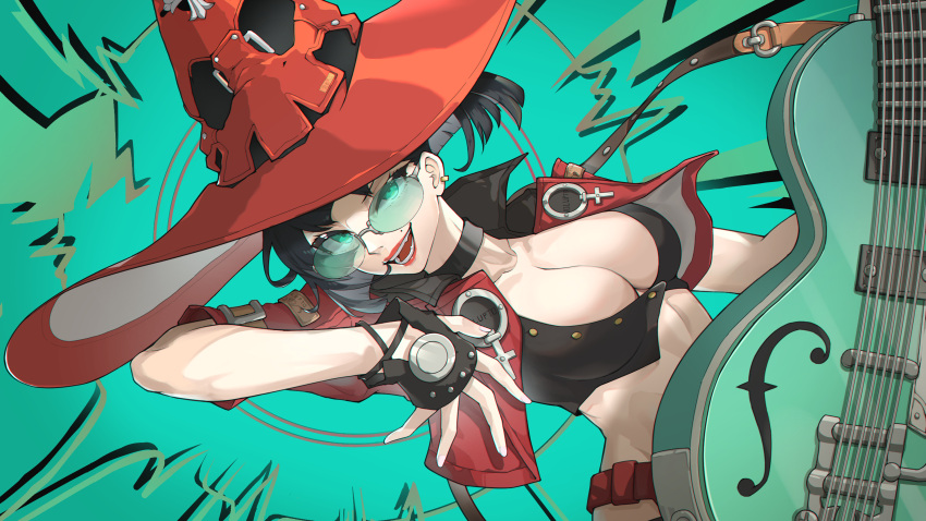 1girl absurdres aqua_background black_choker black_gloves black_hair breasts choker cleavage electric_guitar fingerless_gloves gloves green-tinted_eyewear guilty_gear guilty_gear_strive guitar hat highres i-no instrument large_breasts looking_at_viewer mole mole_above_mouth open_mouth red_headwear red_leather red_lips short_hair smile sunglasses tinted_eyewear venus_symbol witch_hat yzbr
