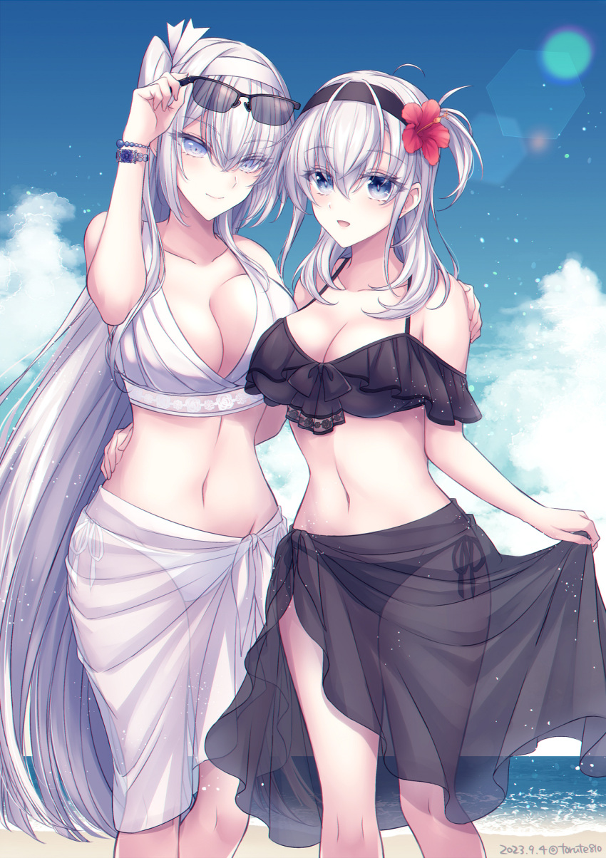 2girls adjusting_eyewear arm_around_waist asymmetrical_docking bikini black_bikini black_hairband black_sarong blue_sky bracelet breast_press breasts collarbone commentary_request dated day eyewear_on_head flower fuyutsuki_(kancolle) grey_eyes grey_hair hair_between_eyes hair_flower hair_ornament hairband hand_on_another's_shoulder hand_on_eyewear hibiscus highres jewelry kabocha_torute kantai_collection large_breasts long_hair looking_at_viewer medium_breasts multiple_girls navel one_side_up outdoors sarong see-through_sarong side-tie_bikini_bottom side_ponytail sky smile sunglasses sunlight suzutsuki_(kancolle) swimsuit twitter_username very_long_hair white_bikini white_hairband white_sarong