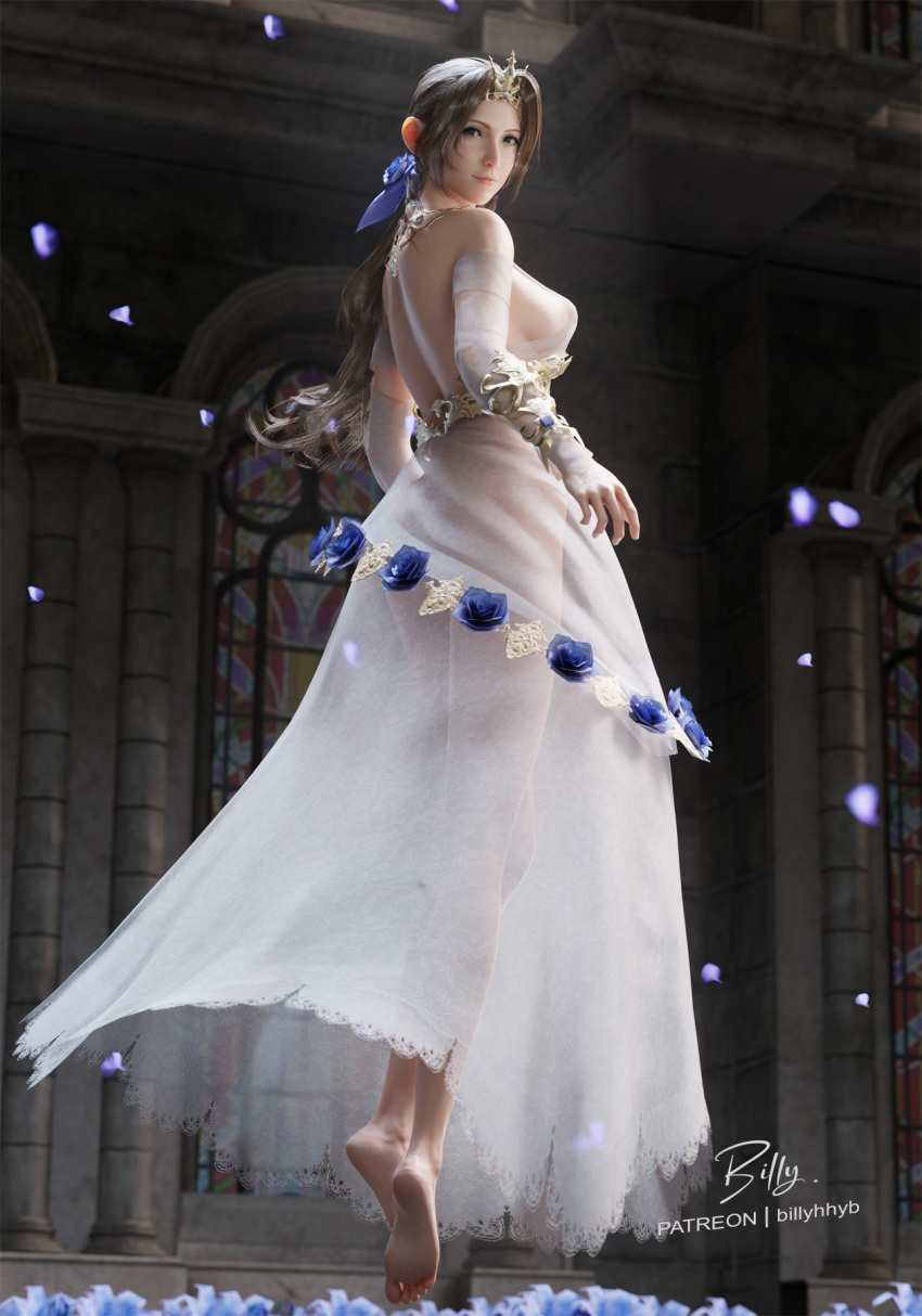 1girl aerith_gainsborough aerith_gainsborough_(prism_dress) artist_name ass barefoot billyhhyb blue_flower blue_petals blue_rose breasts church cleavage dress dress_flower final_fantasy final_fantasy_vii final_fantasy_vii_ever_crisis floating_hair flower highres long_dress low_ponytail no_bra no_panties official_alternate_costume patreon_username rose see-through see-through_dress sideboob smile solo stained_glass tiara white_dress