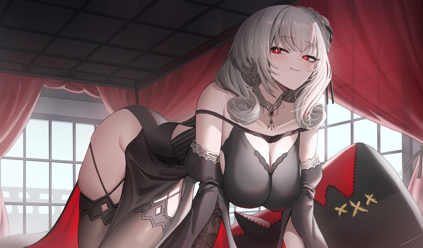 absurdres all_fours azur_lane black_dress blush breasts bright_pupils cleavage curtains detached_sleeves dress english_commentary grey_hair highres indoors jeze large_breasts licking_lips long_sleeves looking_at_viewer luetzow_(azur_lane) luetzow_(everlasting_blood_banquet)_(azur_lane) medium_hair narrowed_eyes skindentation thighhighs thighs tongue tongue_out white_pupils window