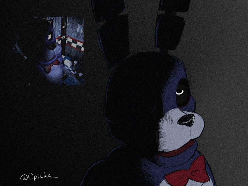 2023 animatronic anthro artist_name biped black_background black_nose bow_tie bow_tie_only bust_portrait colored colored_sketch countershade_face countershade_torso countershading creepy digital_drawing_(artwork) digital_media_(artwork) five_nights_at_freddy's five_nights_at_freddy's_(film) fur guide_lines hi_res lagomorph leporid looking_at_viewer machine male mammal mostly_nude multicolored_body obscured_eyes opilka_(artist) portrait purple_body purple_ears purple_fur rabbit rabbit_ears red_bow reference_image robot scottgames screencap shadow shadowed_eyes simple_background sketch solo standing text three-quarter_portrait two_tone_body universal_studios white_text