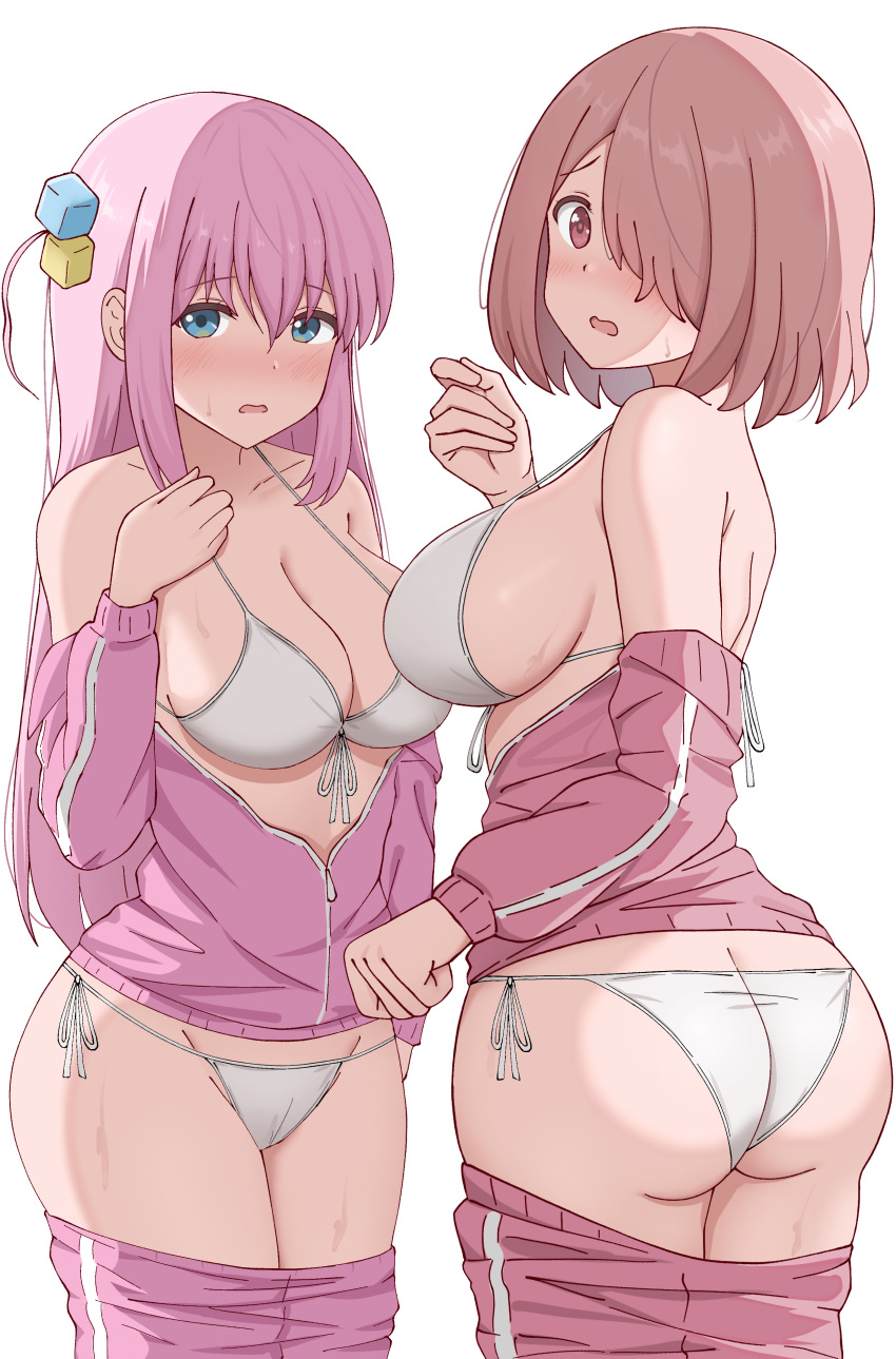 2girls absurdres ass bikini blue_eyes blush bocchi_the_rock! breasts brown_eyes brown_hair clothes_pull cube_hair_ornament gotou_hitori hair_ornament highres hoshino_miyako_(wataten) jacket large_breasts long_hair multiple_girls off_shoulder pants pants_pull pink_hair pink_jacket pink_pants poa_mellhen short_hair side_ahoge simple_background strap_gap sweat swimsuit track_jacket track_pants trait_connection watashi_ni_tenshi_ga_maiorita! white_background white_bikini