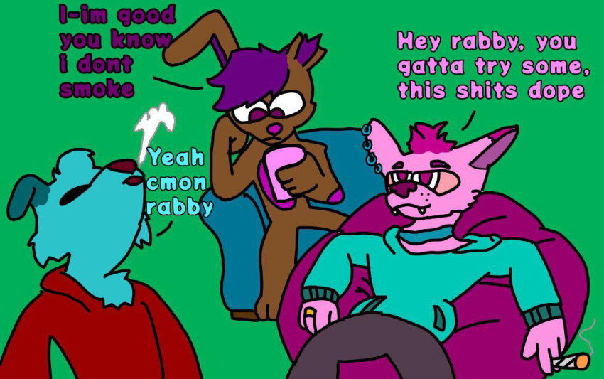 anthro blue_body blue_fur brown_body brown_fur canid canine canis clothed clothing domestic_dog drugs ear_piercing fox fur group hair lagomorph leporid male mammal marijuana notched_ear piercing pink_body pink_eyes pink_fur pink_phone purple_eyes purple_hair rabbit ring smoke smoking stoned substance_intoxication text trio